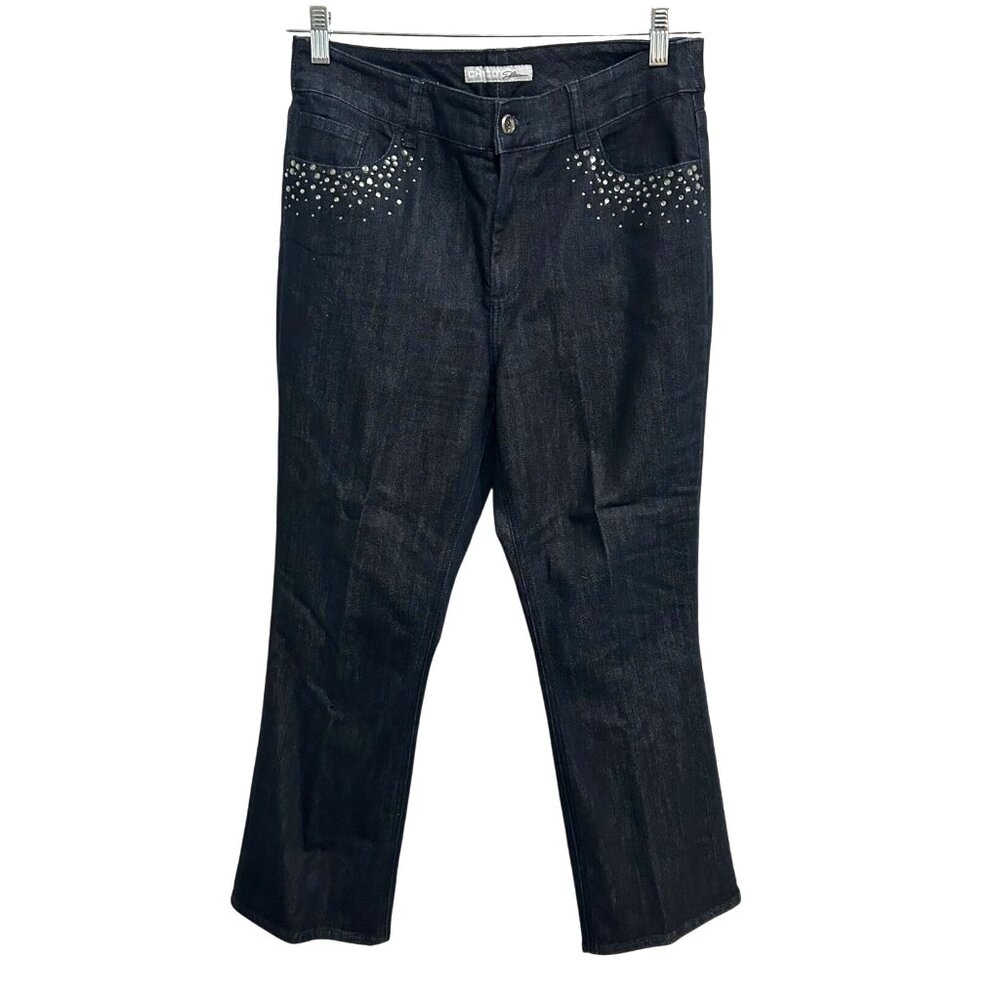 Chicos Platinum Dark Wash Bootcut Jeans Studded Pockets Size 10 Short